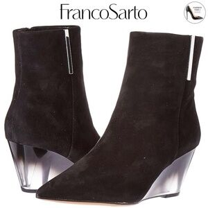 Franco Sarto Athens Black Suede Ankle Boot Pointed toe Wedge Heel Leather Bootie